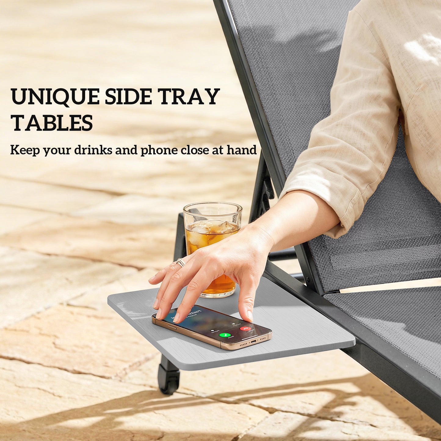 Sun Loungers for Garden Set of 2 with Side Tray Table, Grey