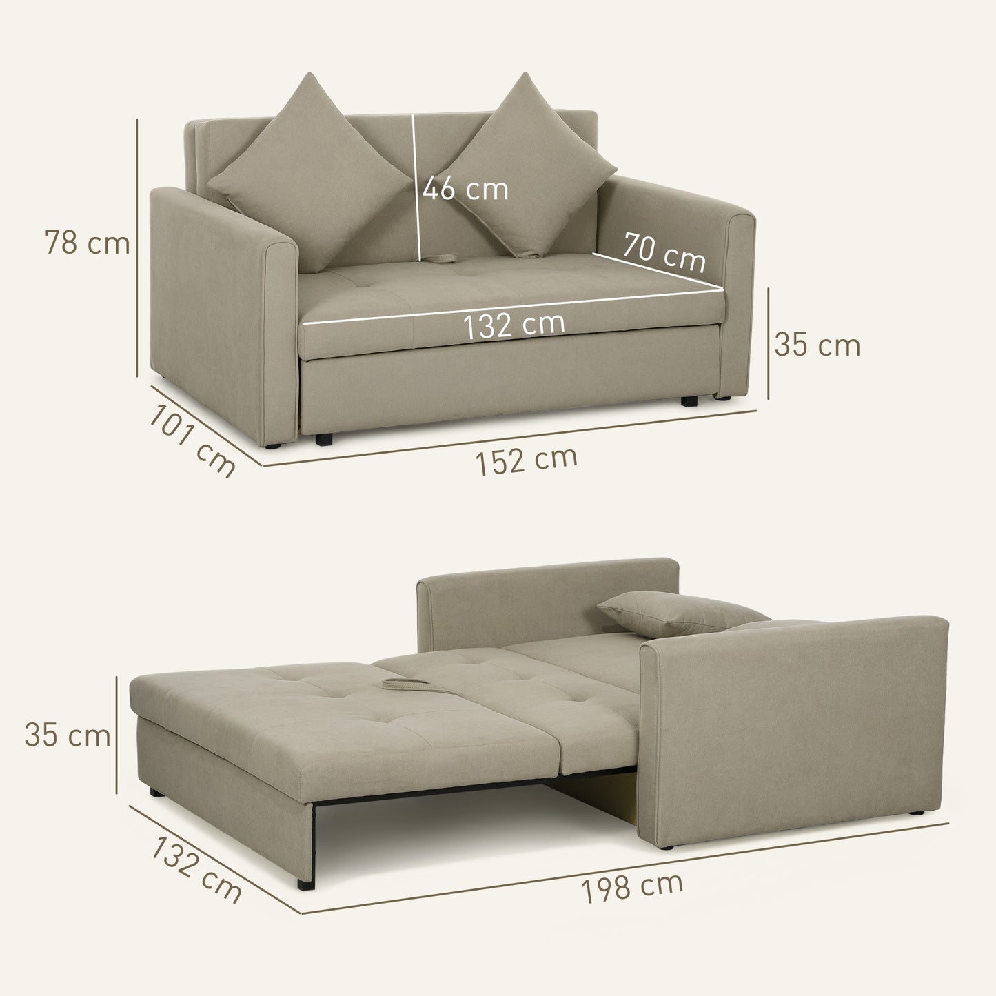 2 Seater Sofa Bed Convertible Bed Settee w/ 2 Cushions Light Brown