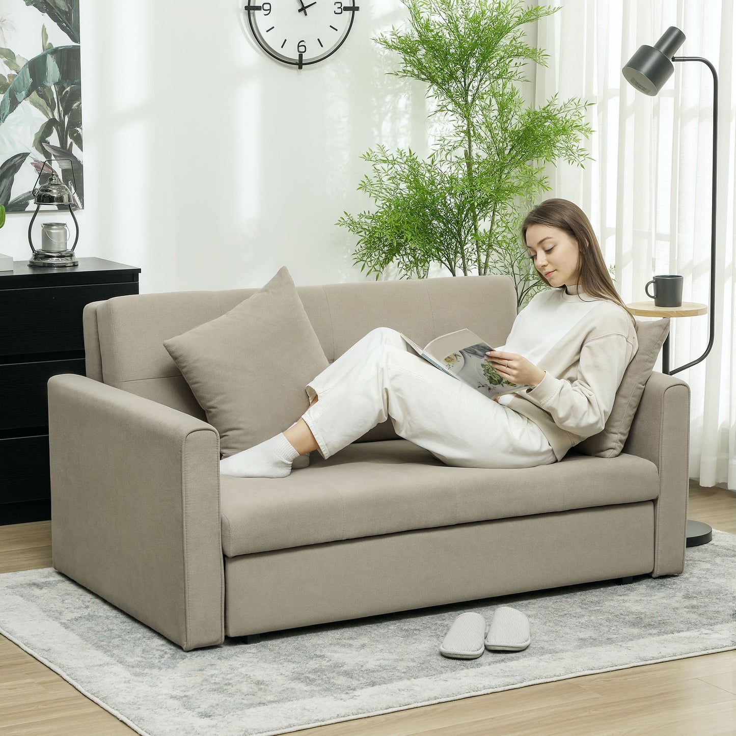 2 Seater Sofa Bed Convertible Bed Settee w/ 2 Cushions Light Brown