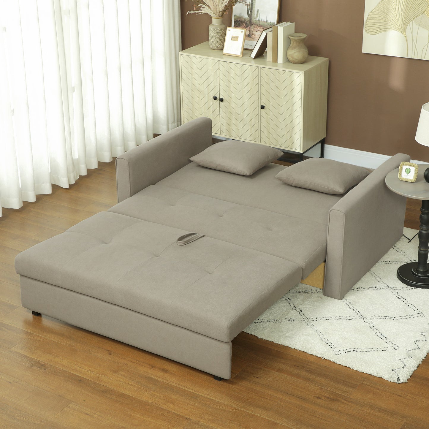 2 Seater Sofa Bed Convertible Bed Settee w/ 2 Cushions Light Brown