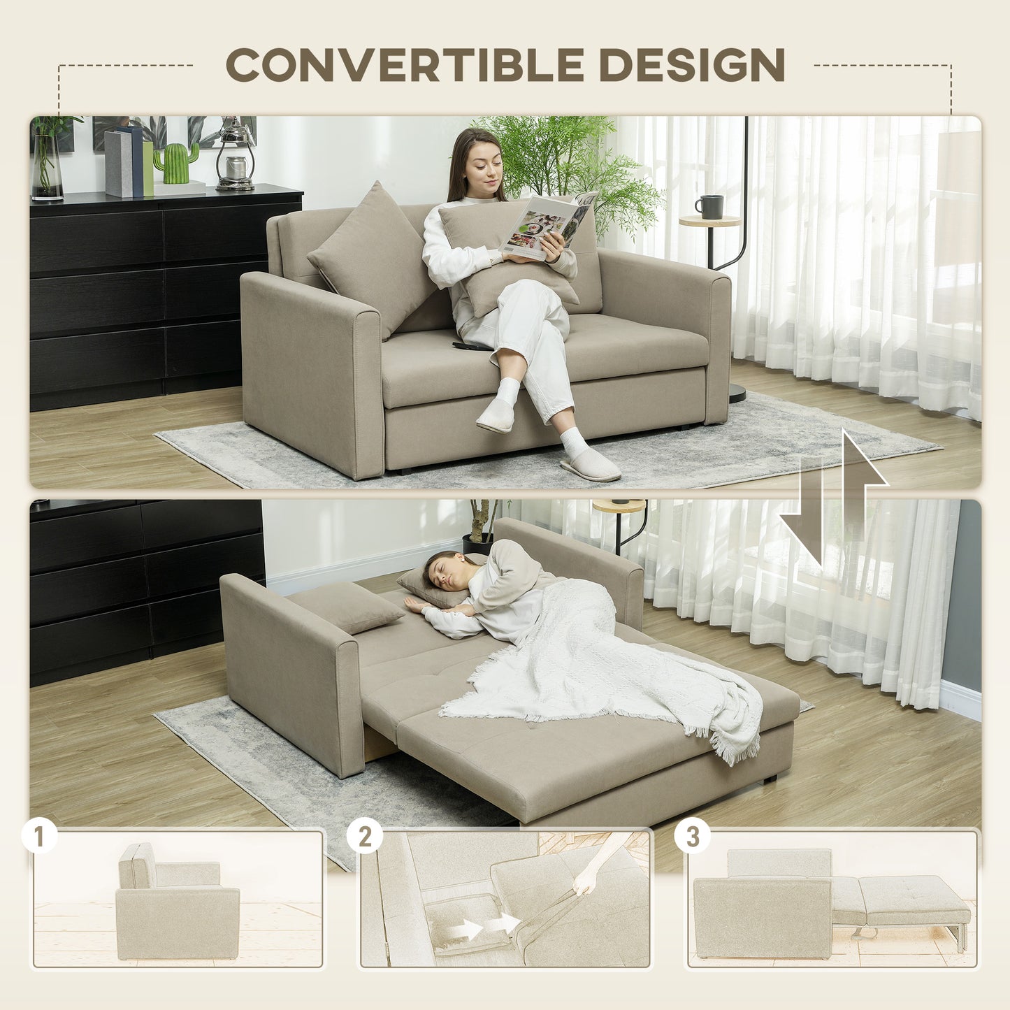 2 Seater Sofa Bed Convertible Bed Settee w/ 2 Cushions Light Brown