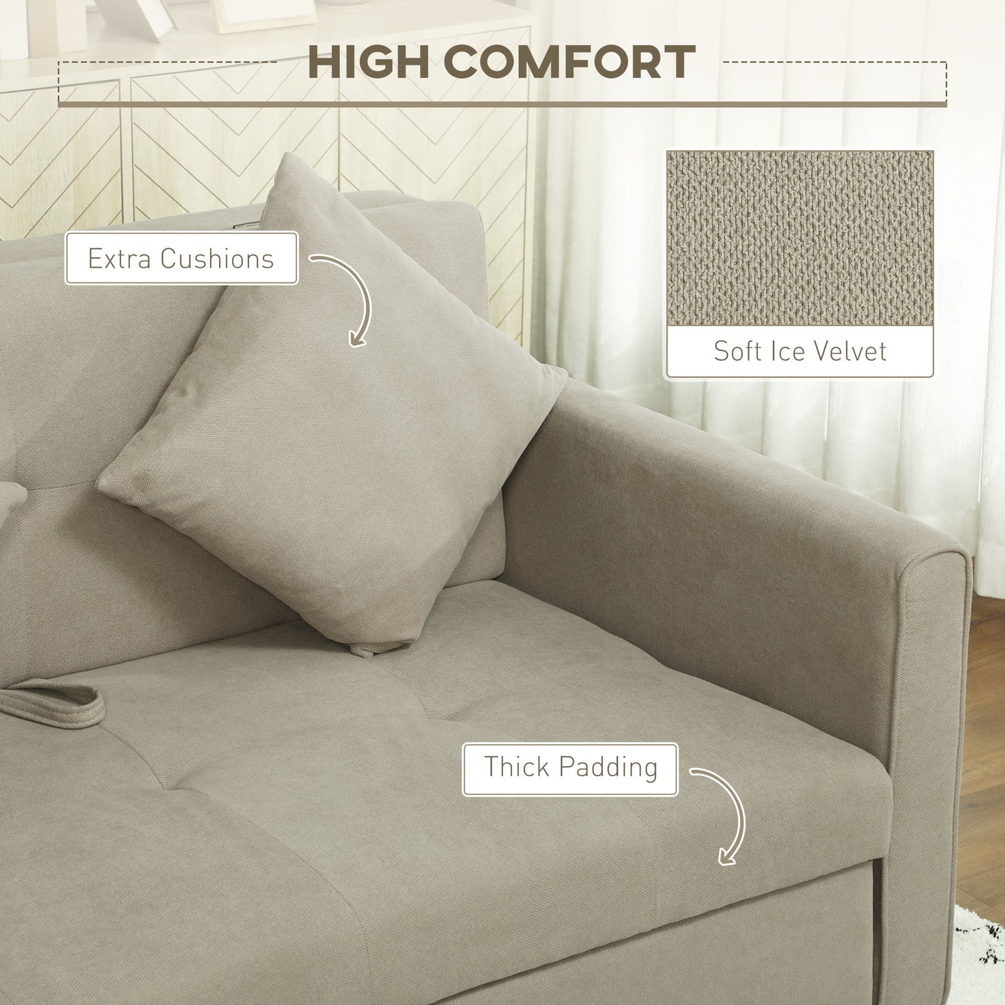 2 Seater Sofa Bed Convertible Bed Settee w/ 2 Cushions Light Brown