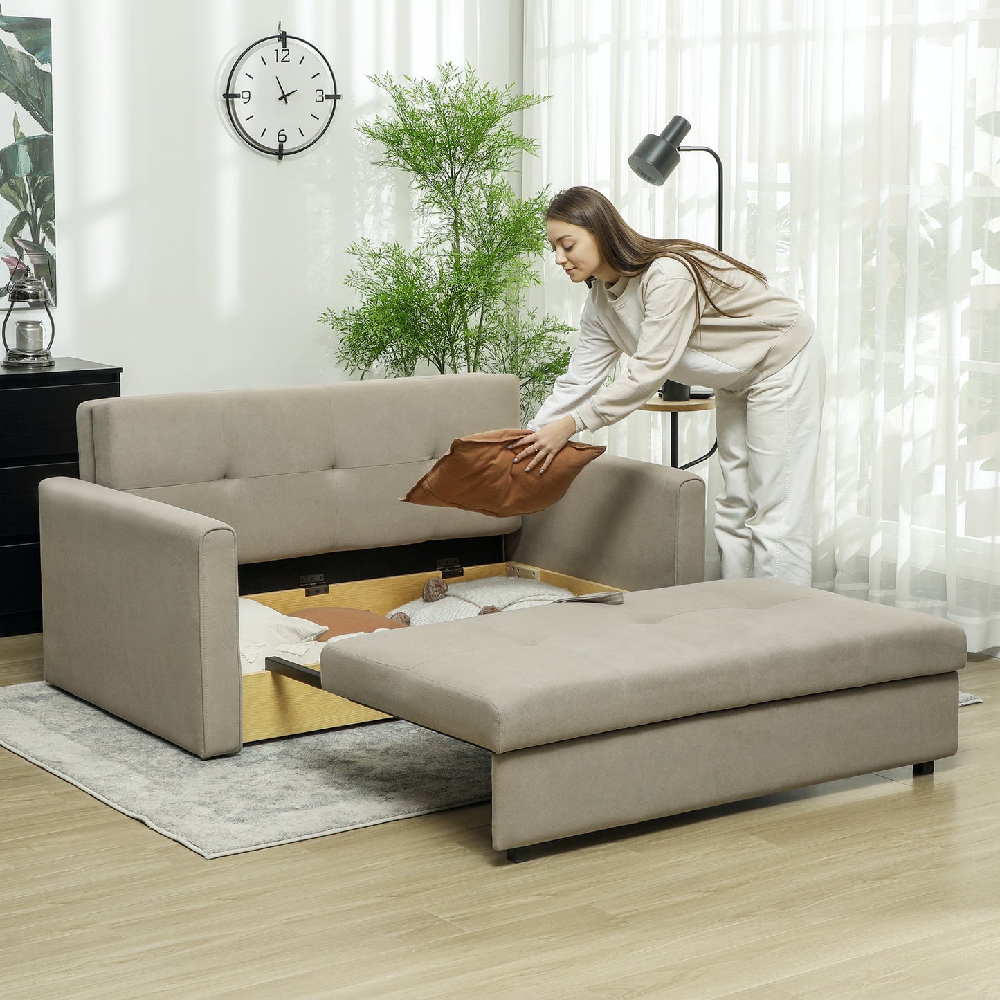 2 Seater Sofa Bed Convertible Bed Settee w/ 2 Cushions Light Brown
