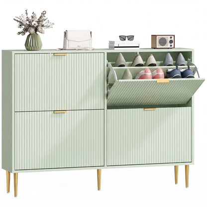 Narrow Shoe Cabinet with 4 Flip Drawers, Modern Slim Shoe Storage Cabinet with Fluted Doors and Adjustable Shelves for Hallway, Holds 10-20 Pairs, Light Green