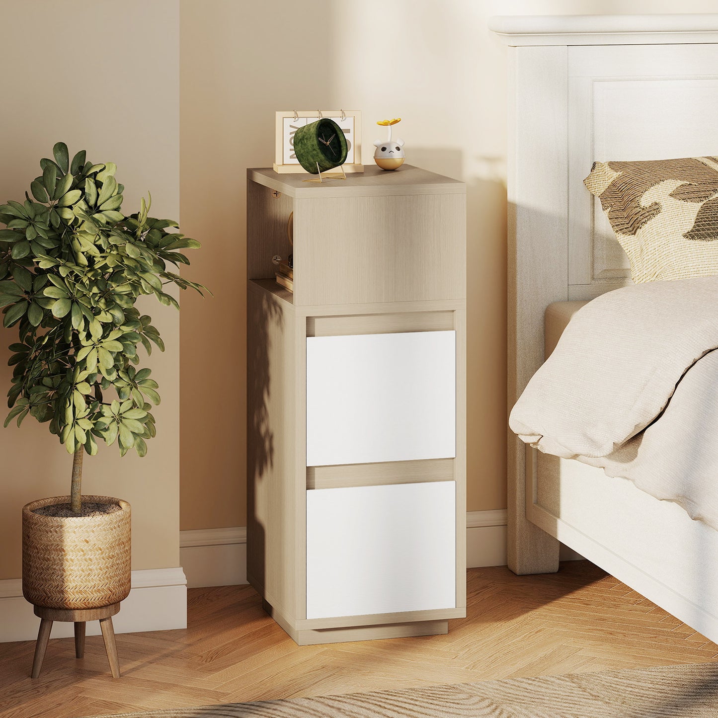 Slim Bedside Table, Bedside Cabinet with Open Shelf and 2 Drawers