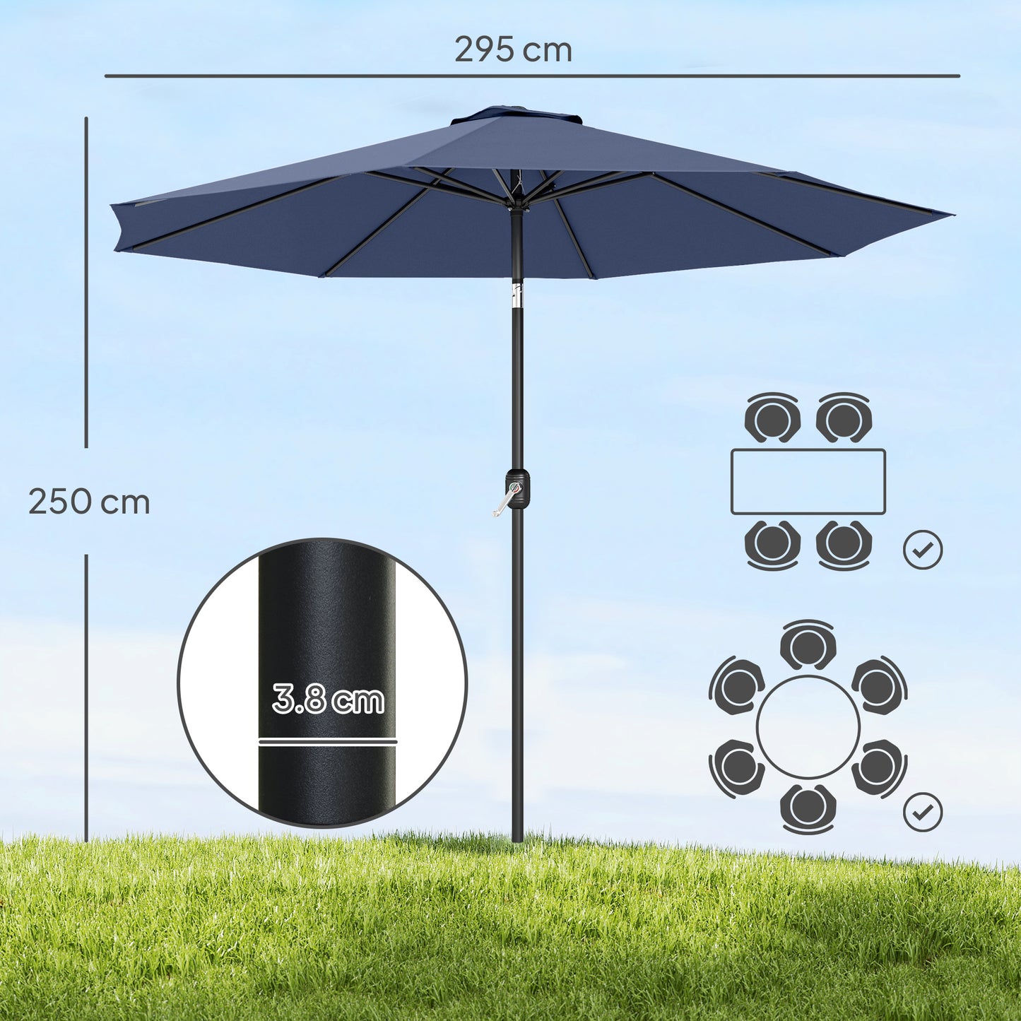 3(m) Garden Umbrella Outdoor Sunshade Canopy w/ Tilt & Crank Navy