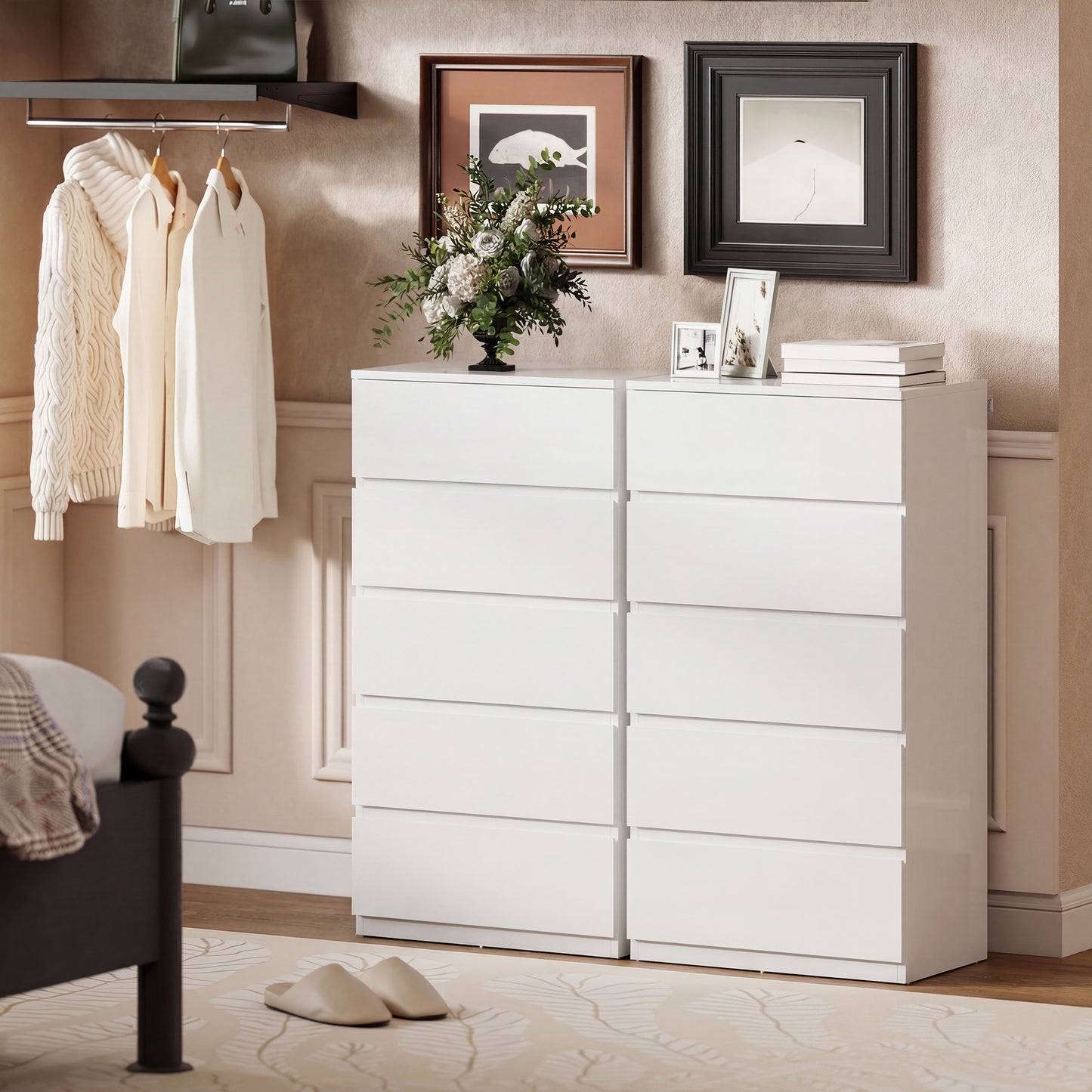 High Gloss Chest of Drawers, 5-Drawer Storage Cabinets, For Bedroom - White