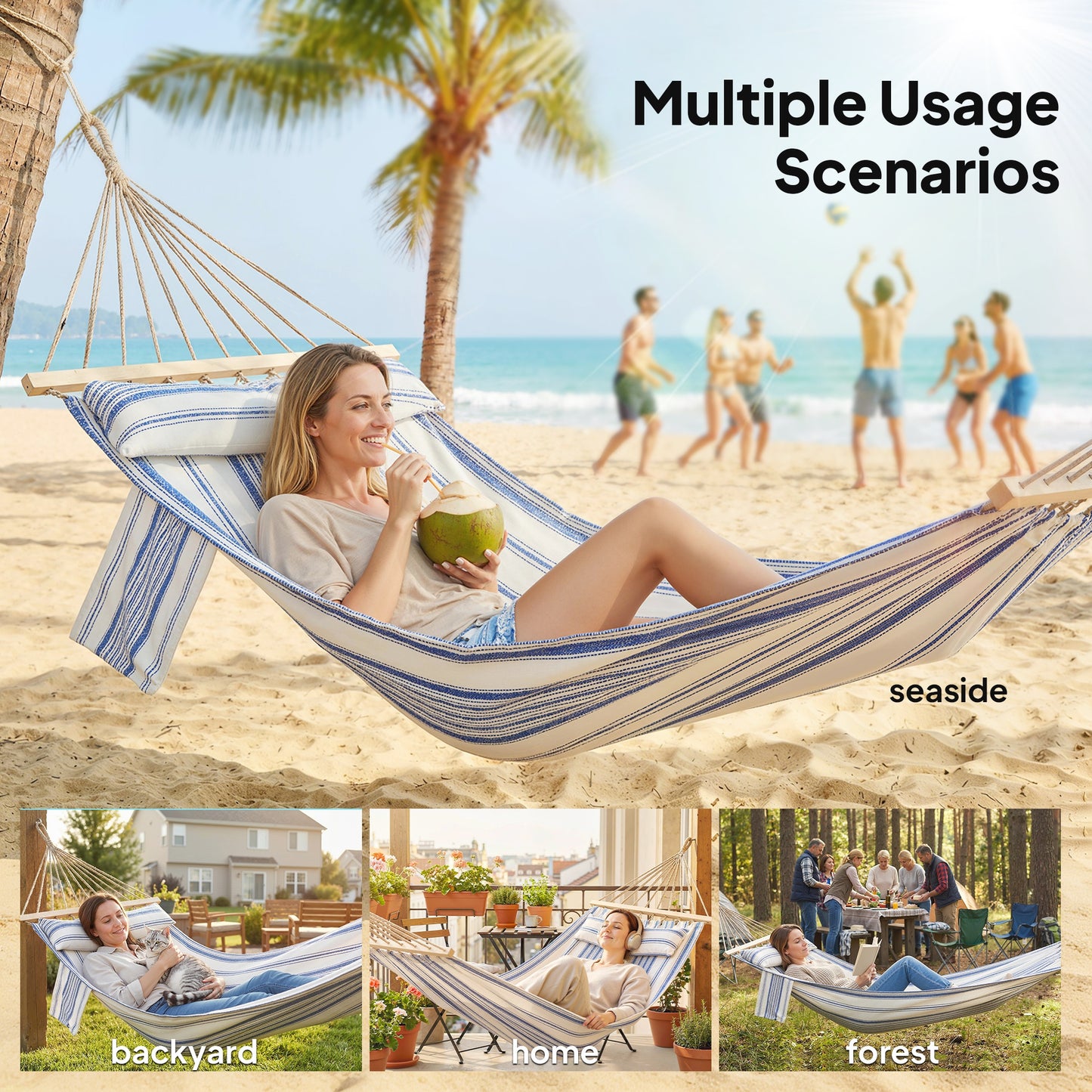 Cotton Hammock, Soft Portable Swing Chair w/ Headrest
