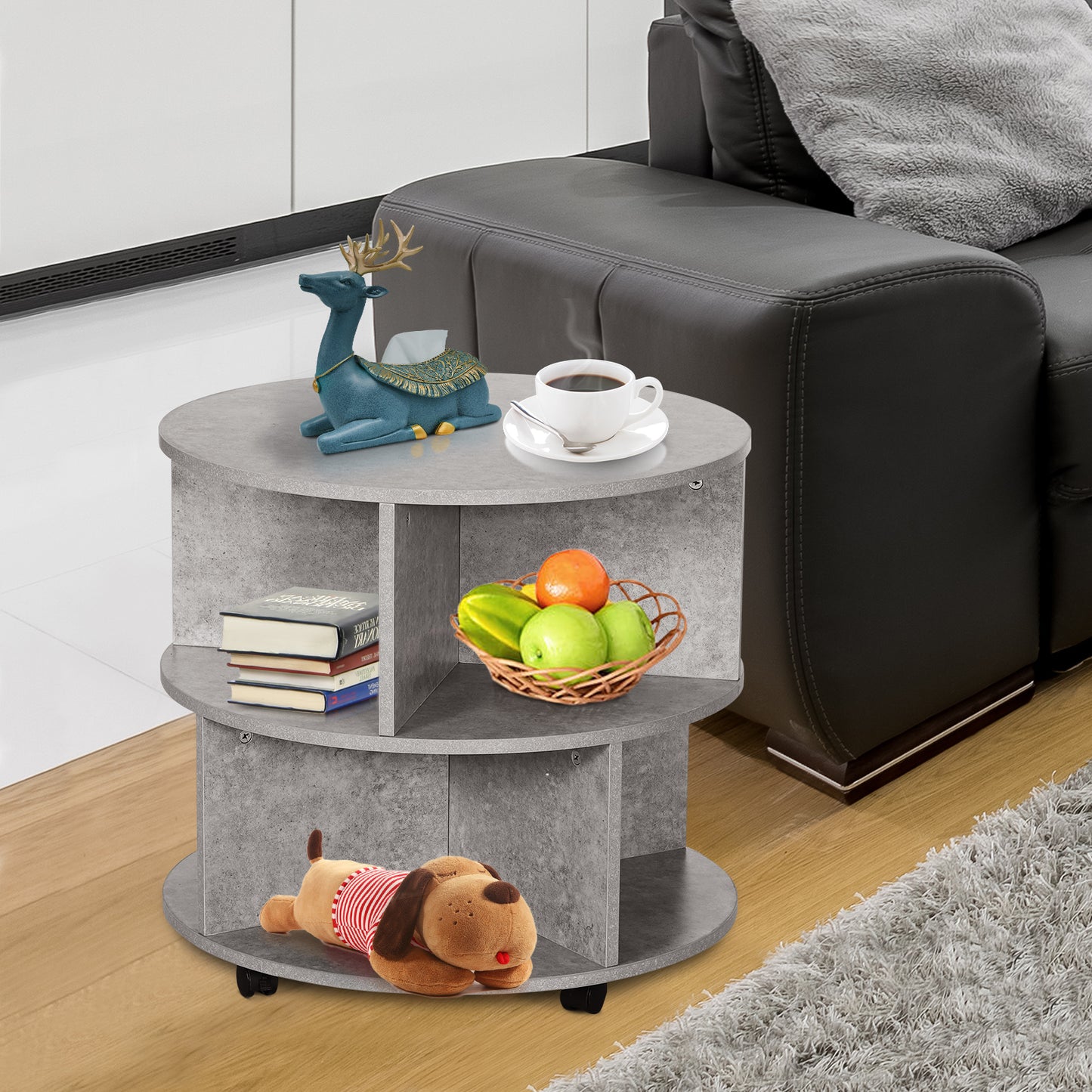 3 Tier Coffee Table Round Rolling Centre Table w/ Wheels Cement