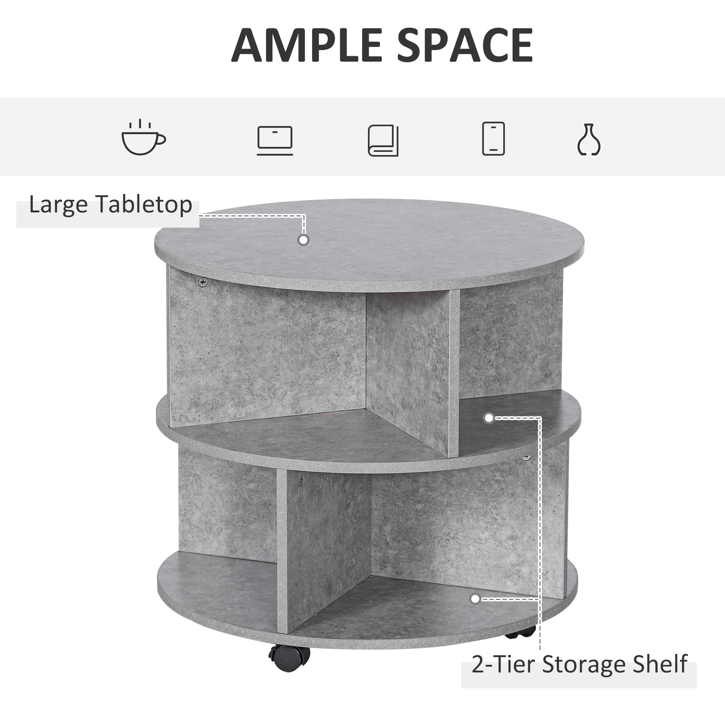 3 Tier Coffee Table Round Rolling Centre Table w/ Wheels Cement