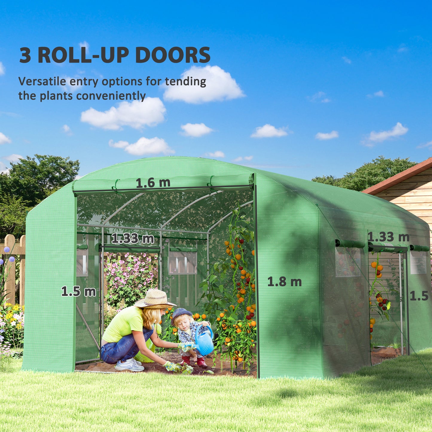Polytunnel Greenhouse with 3 Roll-up Doors, 4 x 3 x 2m, Green