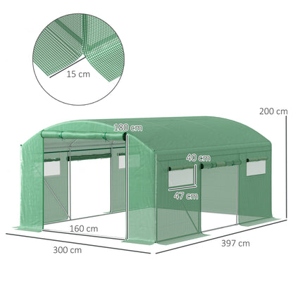 Polytunnel Greenhouse with 3 Roll-up Doors, 4 x 3 x 2m, Green
