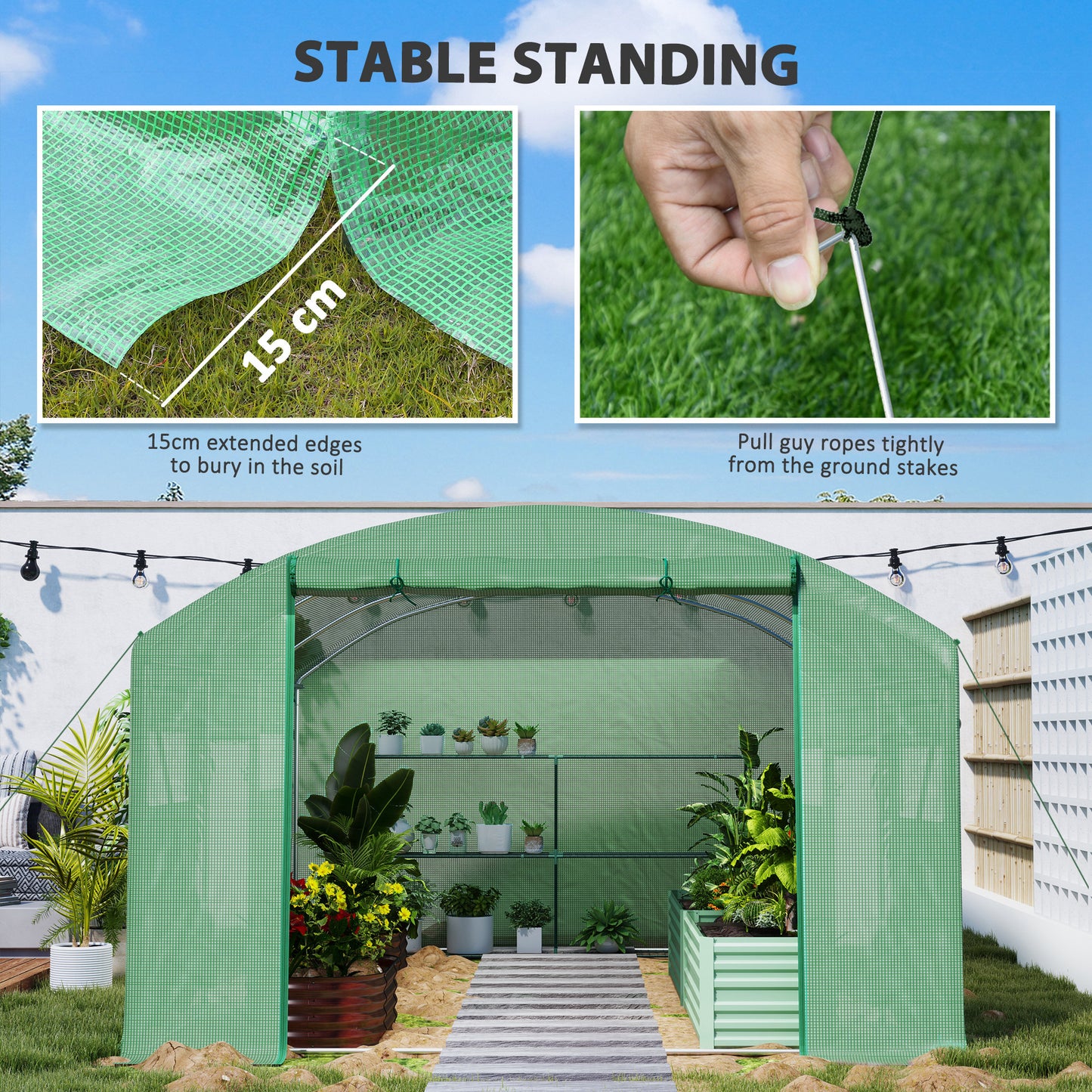 Polytunnel Greenhouse with 3 Roll-up Doors, 4 x 3 x 2m, Green