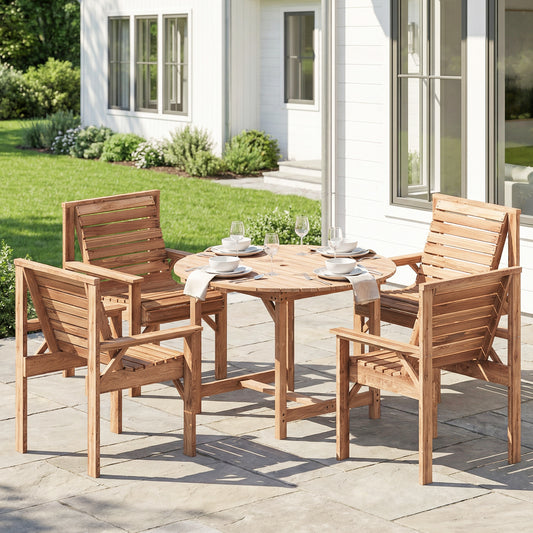 Garden Dining Set, Round Table and Chairs w/ Parasol Hole, Natural