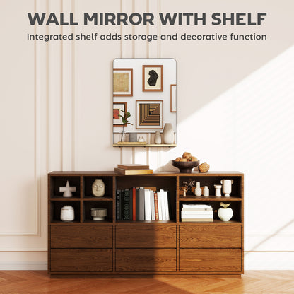 Decorative Mirror with Wood Shelf, Industrial Wall Mirror, Black