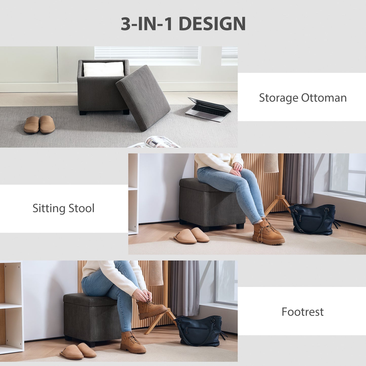 40 cm Ottoman Storage Box with Removable Lid, Foot Rest, Grey
