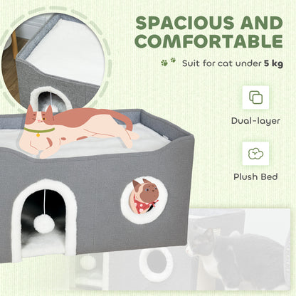 Cat House, Cat Bed for Indoor Pets, Foldable Kitten Cave with Fluffy Ball, Scratch Pad, Kitty Hideaway with Soft Cushions for Small, Medium Cats, Grey