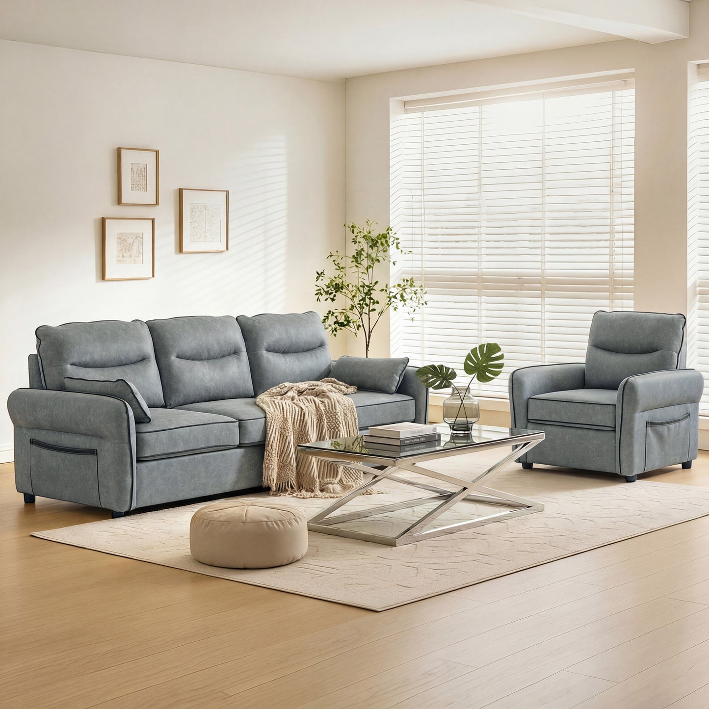 3 Seater Sofa, Faux Leather Couch with Thicken Cushion, Grey