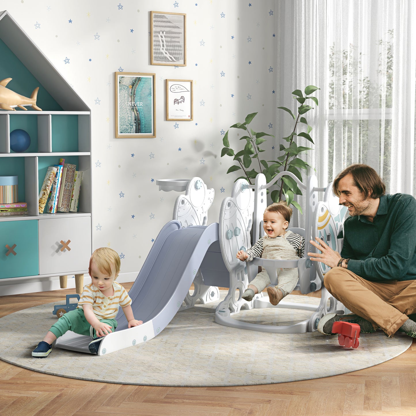 AIYAPLAY Space-Themed Kids Slide and Swing Set, with Basketball Hoop
