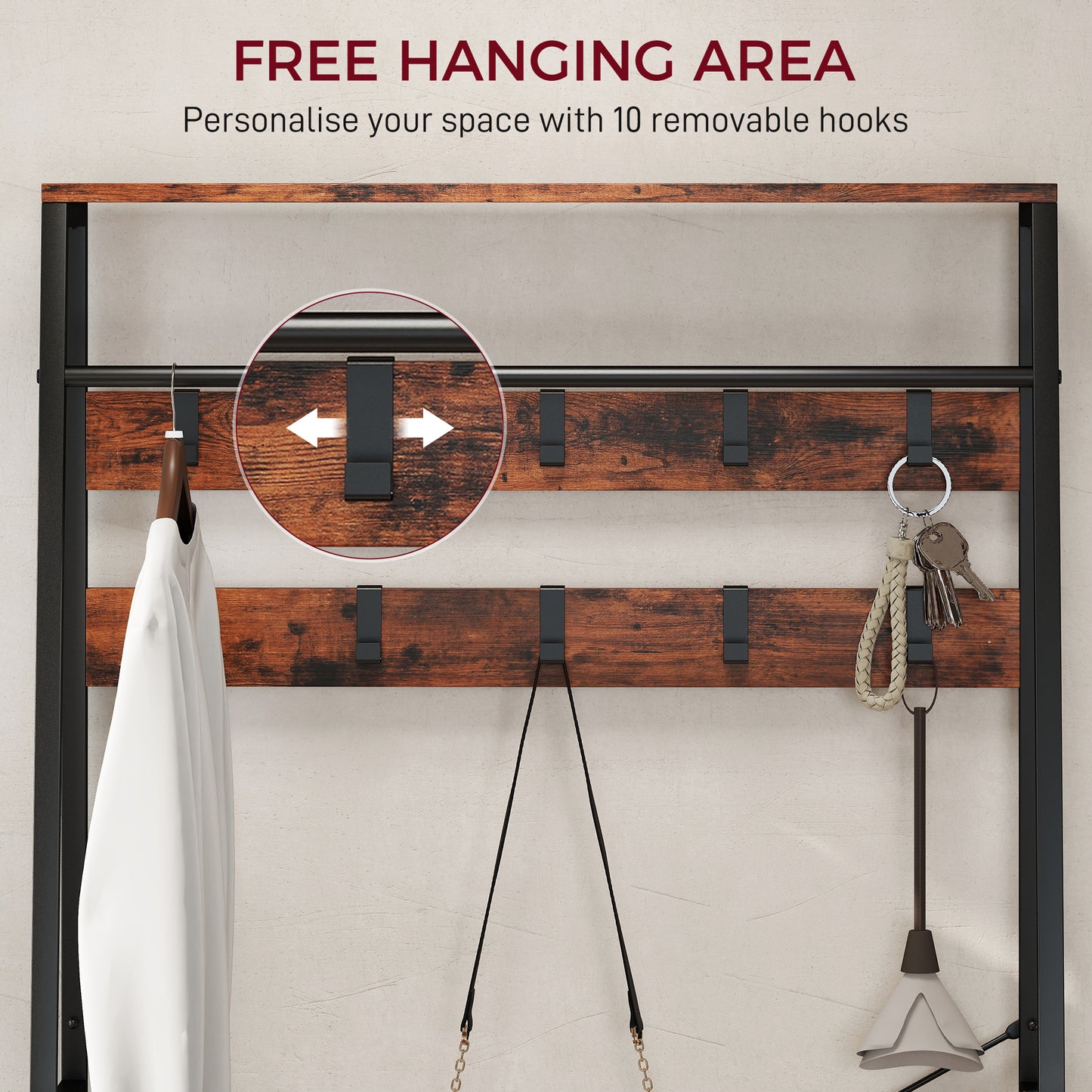 Coat Rack with Shoe Storage, Bench and 10 Hooks, Rustic Brown
