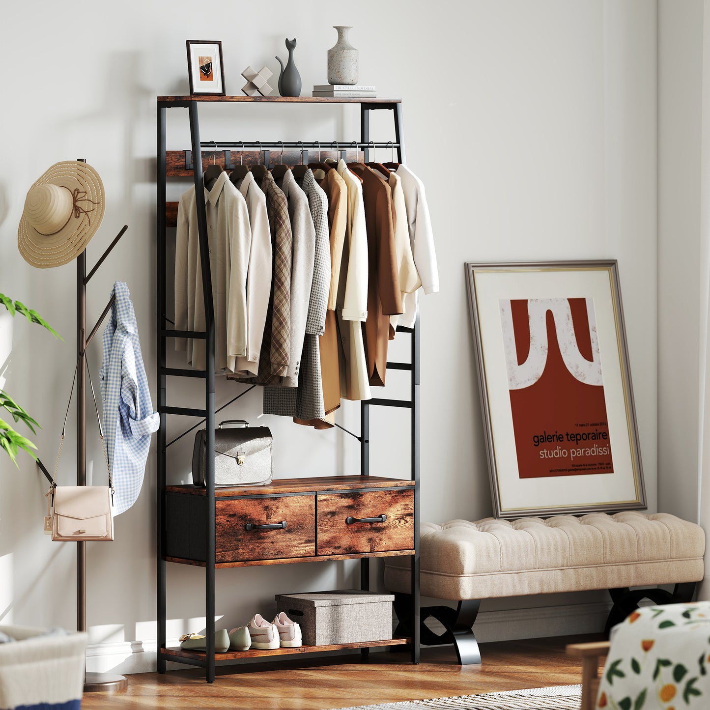 Coat Rack with Shoe Storage, Bench and 10 Hooks, Rustic Brown
