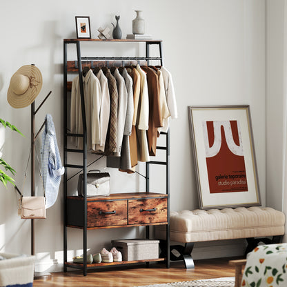 Coat Rack with Shoe Storage, Bench and 10 Hooks, Rustic Brown