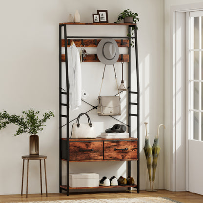 Coat Rack with Shoe Storage, Bench and 10 Hooks, Rustic Brown