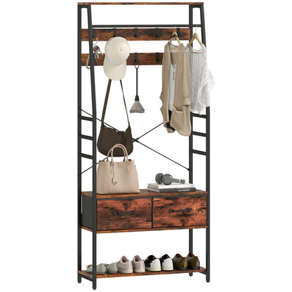 Coat Rack with Shoe Storage, Bench and 10 Hooks, Rustic Brown