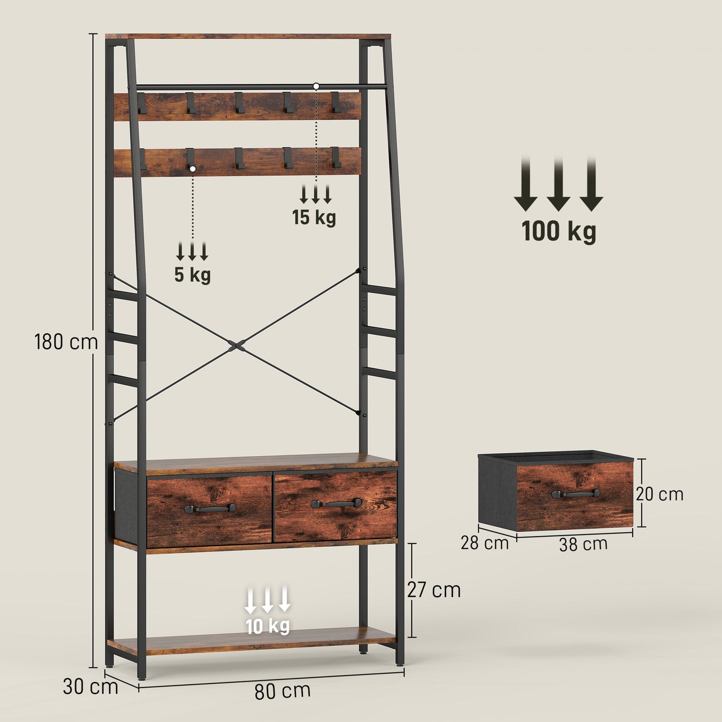 Coat Rack with Shoe Storage, Bench and 10 Hooks, Rustic Brown
