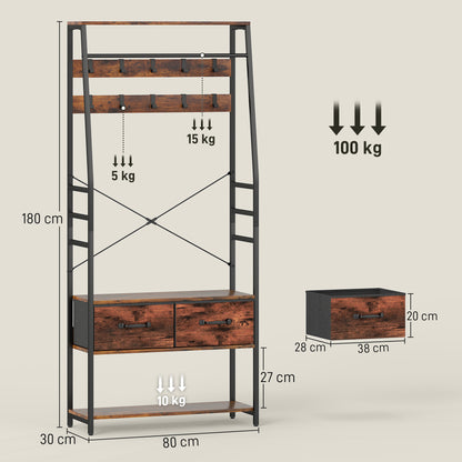 Coat Rack with Shoe Storage, Bench and 10 Hooks, Rustic Brown