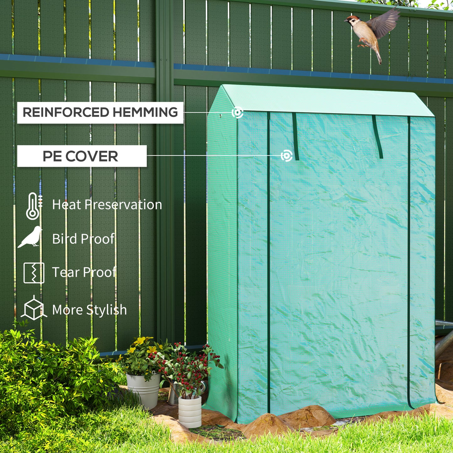 3 Tier Mini Greenhouse with PE Cover, Roll-Up Door, Green