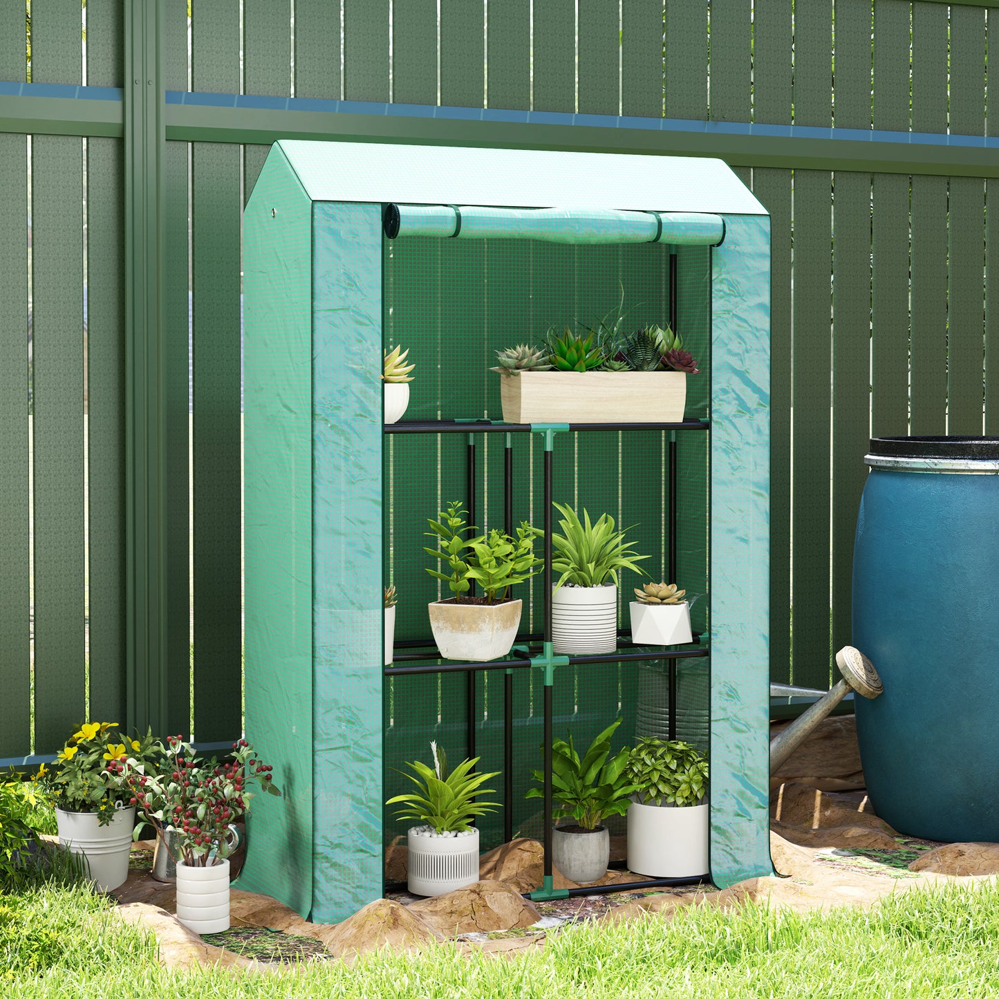 3 Tier Mini Greenhouse with PE Cover, Roll-Up Door, Green