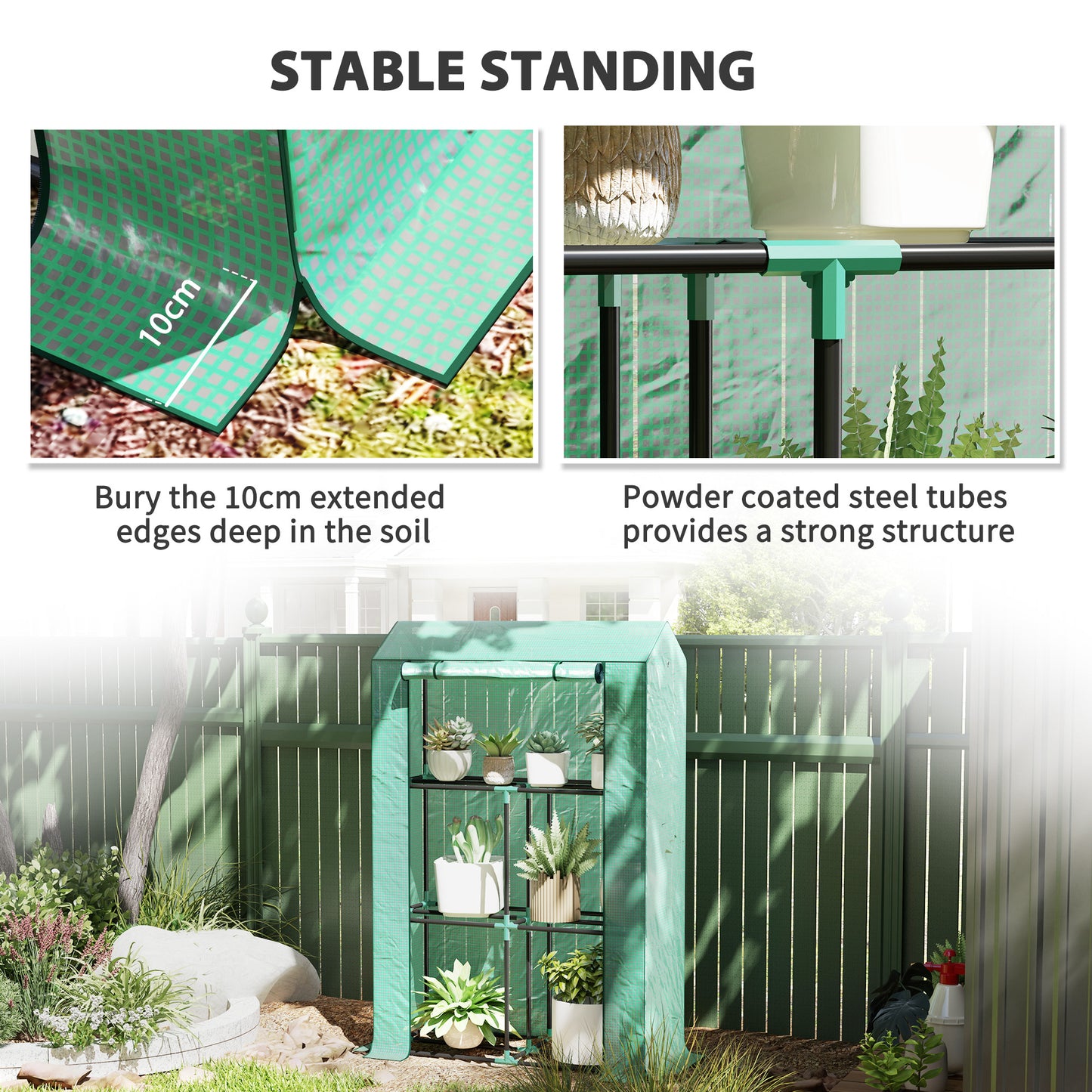 3 Tier Mini Greenhouse with PE Cover, Roll-Up Door, Green