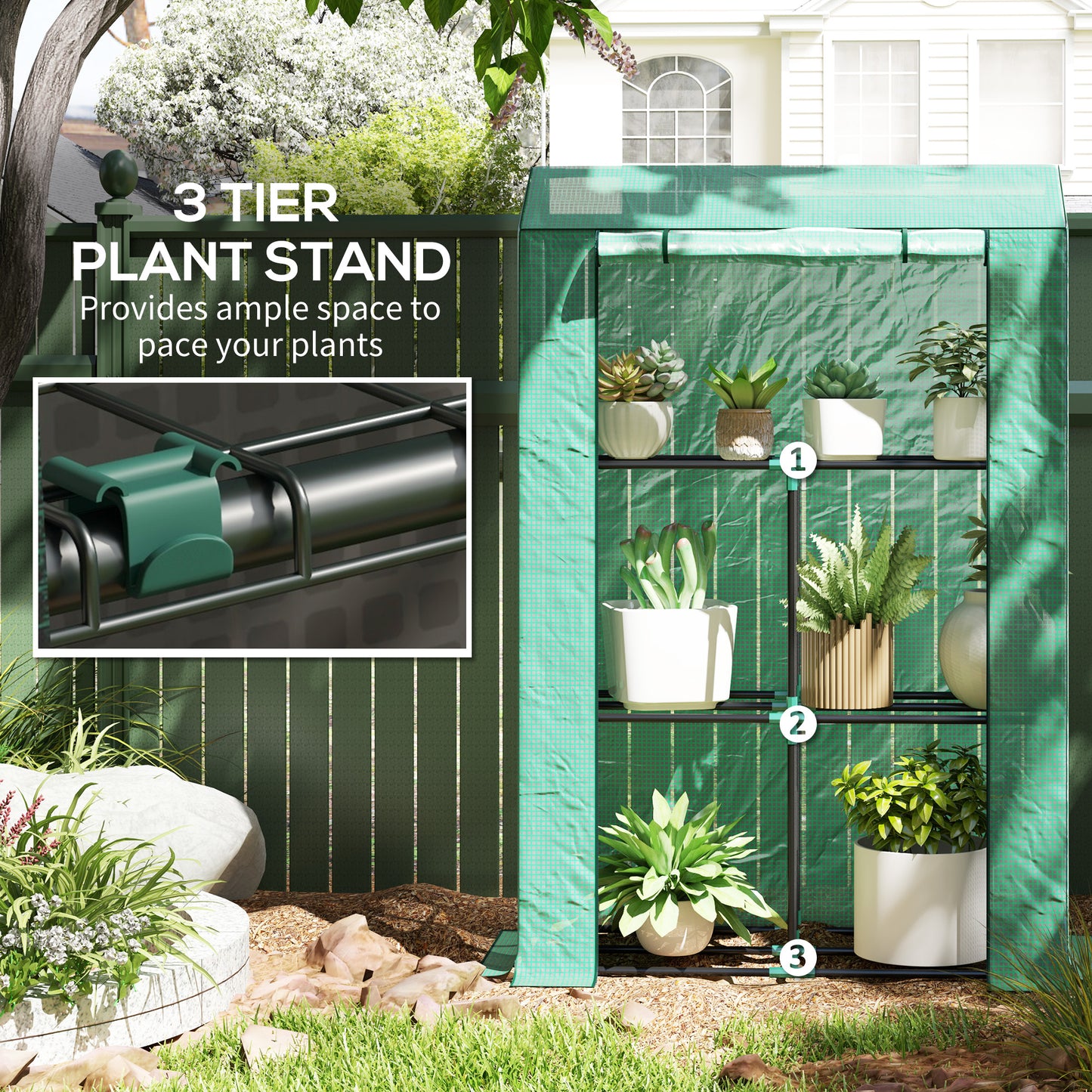 3 Tier Mini Greenhouse with PE Cover, Roll-Up Door, Green