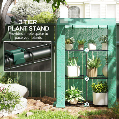 3 Tier Mini Greenhouse with PE Cover, Roll-Up Door, Green