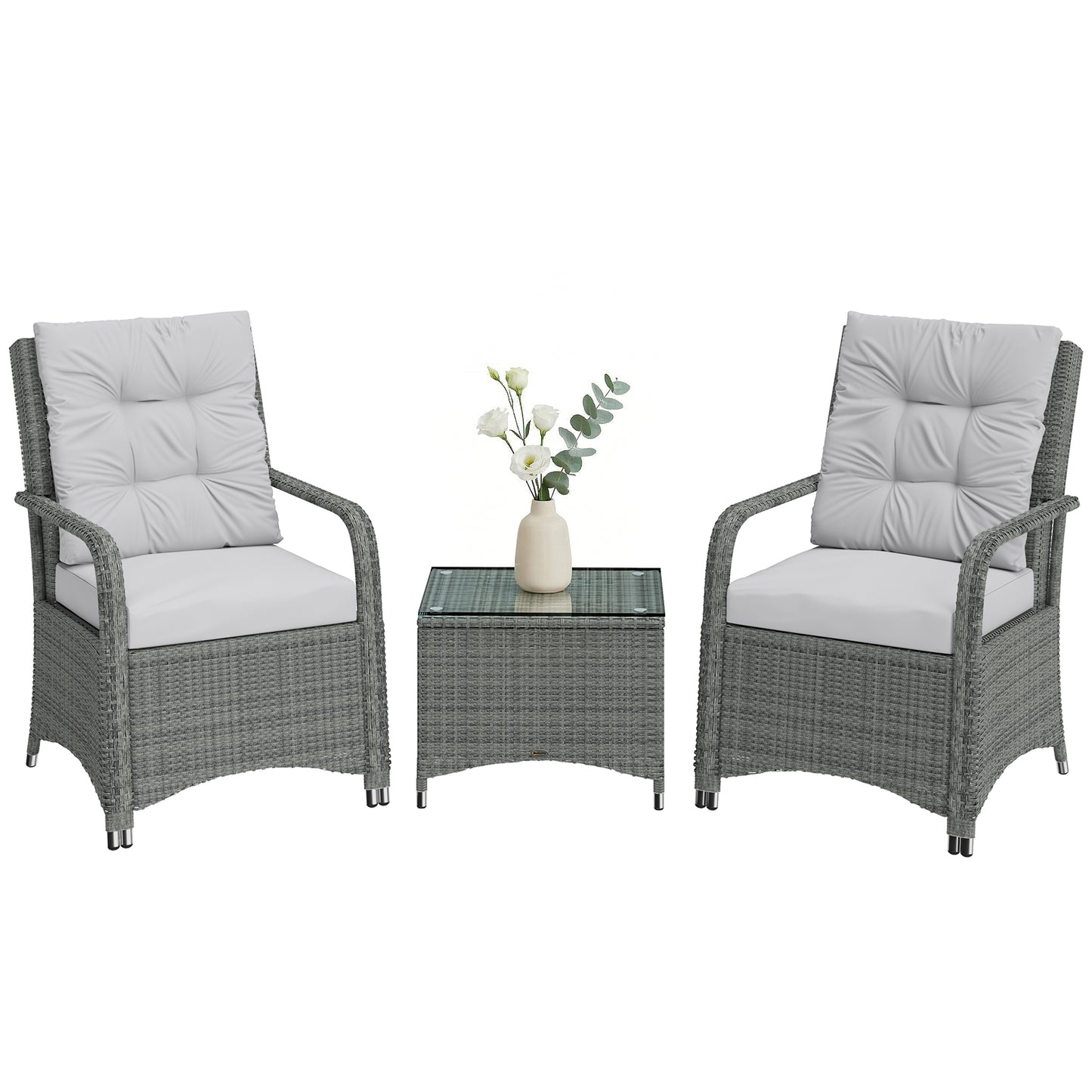 3 Pieces Rattan Bistro Set, Wicker Garden Furniture Set, Light Grey
