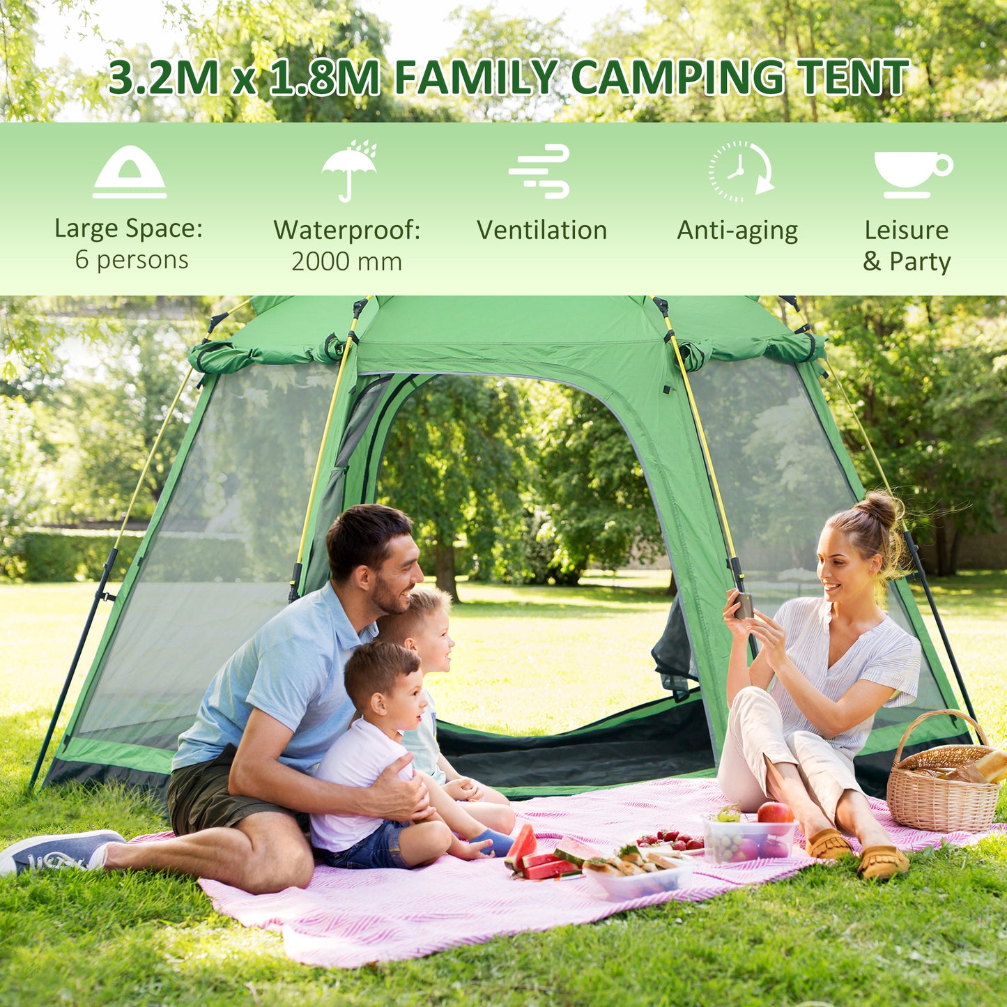 6 Person Camping Tent 2-Tier Pop-up Tent w/ Portable Carry Bag