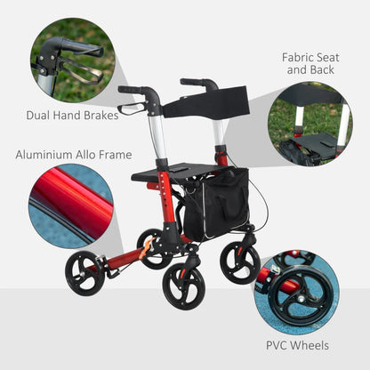 Folding Rollator Walker Frame with Seat and Backrest, Lightweight Frame with Storage bag & dual brakes - Red