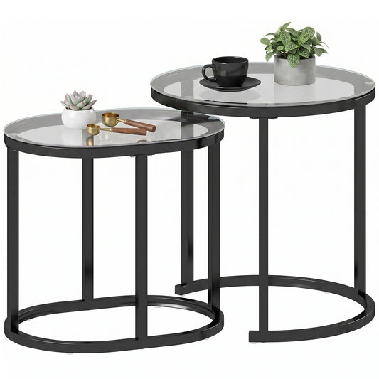 Modern Coffee Table Set of 2, Nest of Tables with Steel Frame and Tempered Glass Tabletop, Side Tables for Living Room Bedroom, Black and Clear