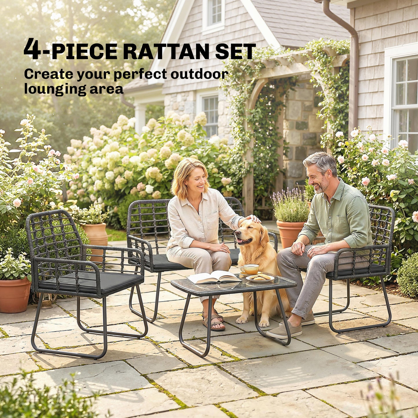 Rattan Garden Furniture Set, 4 Piece Outdoor Patio Furniture