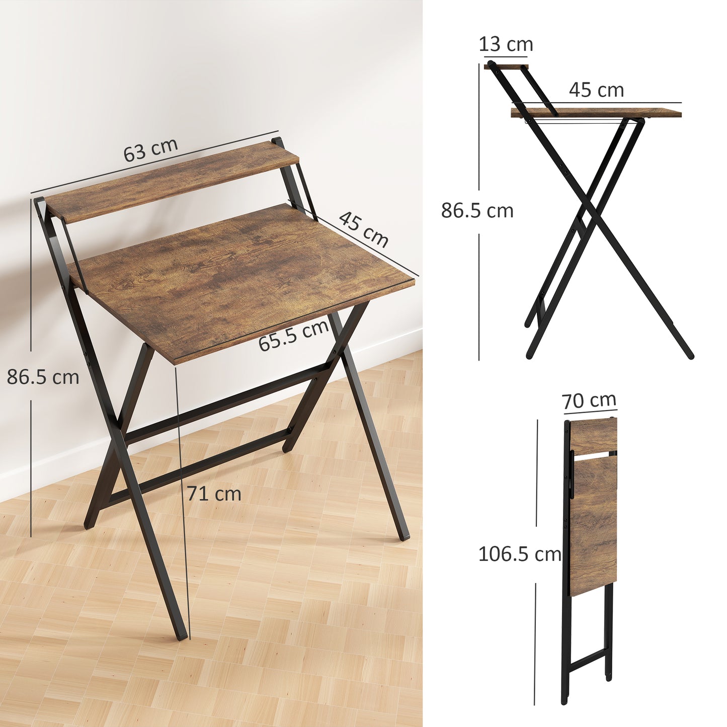 70 cm Folding Computer Desk for Small Spaces Bedroom Rustic Brown