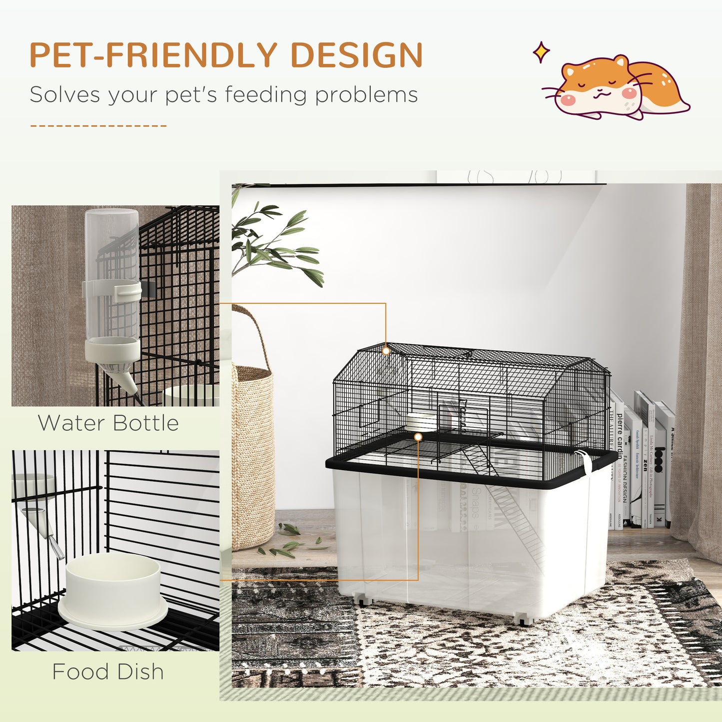Hamster Cage, Two-Tier Gerbil Cage w/ Deep Bottom, Ramp, Food Dish