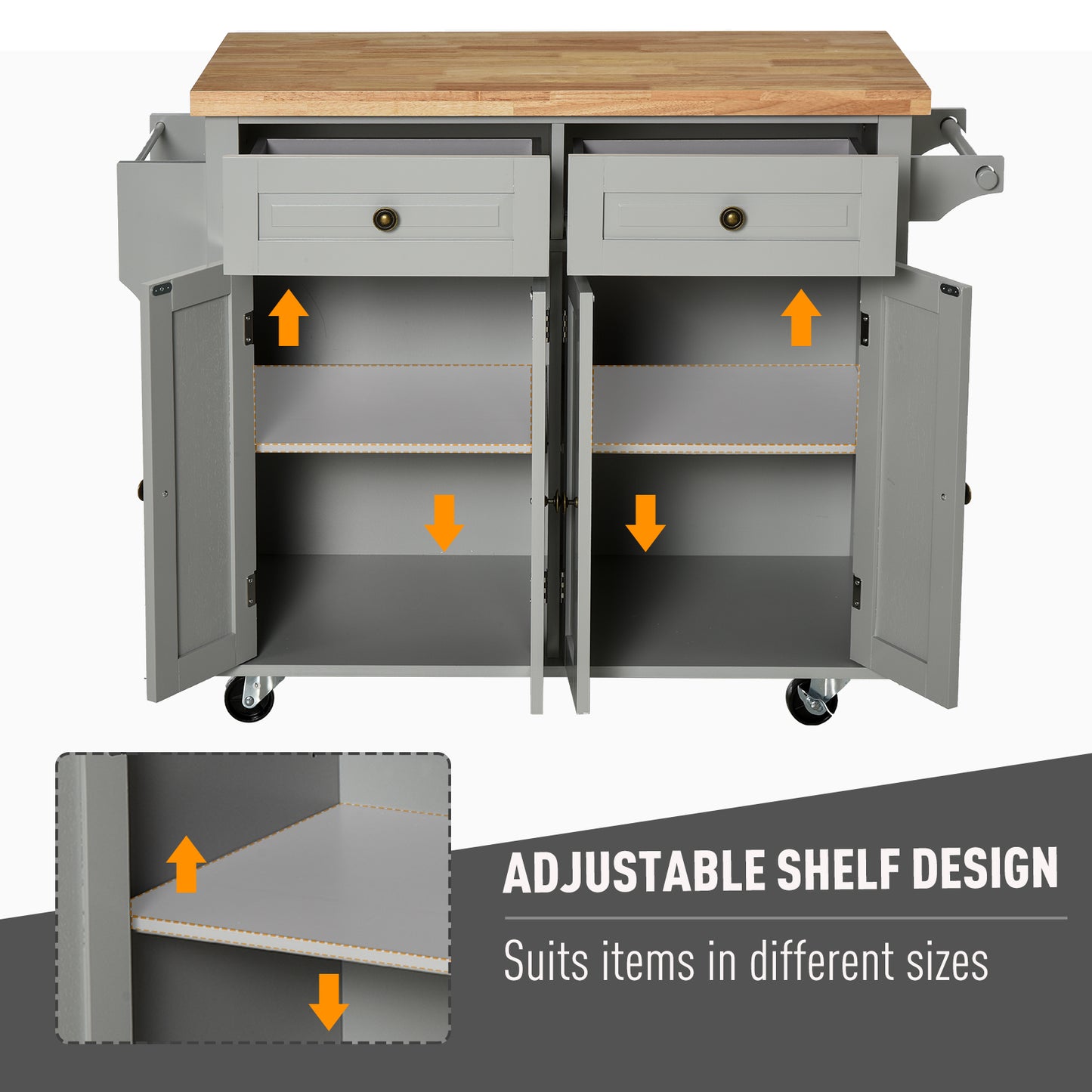 Rolling Kitchen Island Cart with Rubber Wood Top, Spices Grey