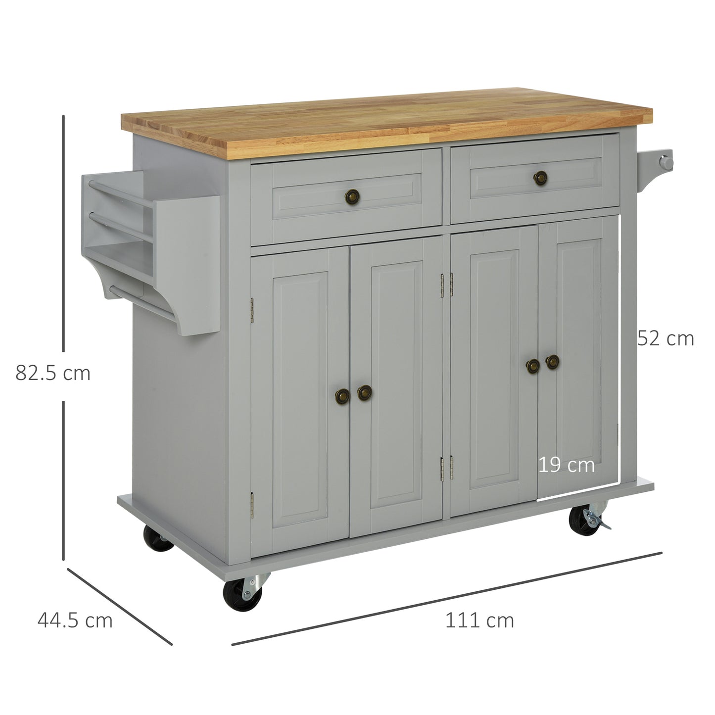 Rolling Kitchen Island Cart with Rubber Wood Top, Spices Grey