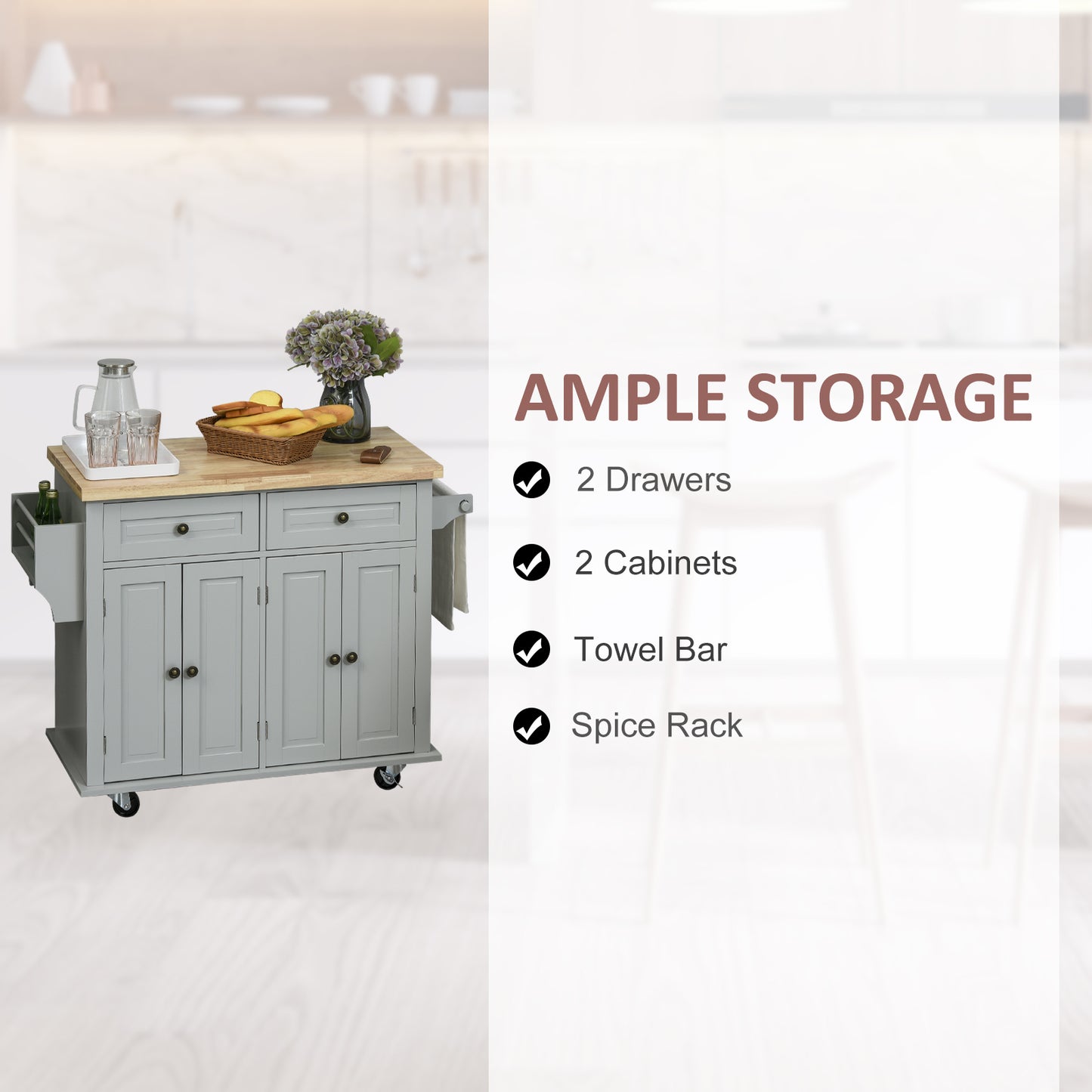 Rolling Kitchen Island Cart with Rubber Wood Top, Spices Grey
