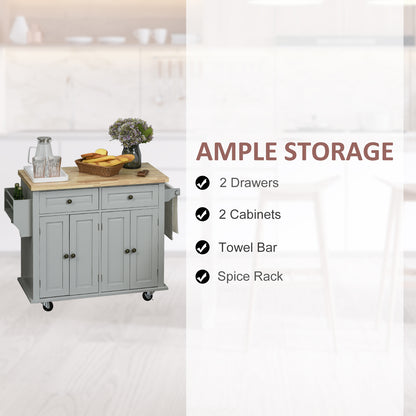 Rolling Kitchen Island Cart with Rubber Wood Top, Spices Grey