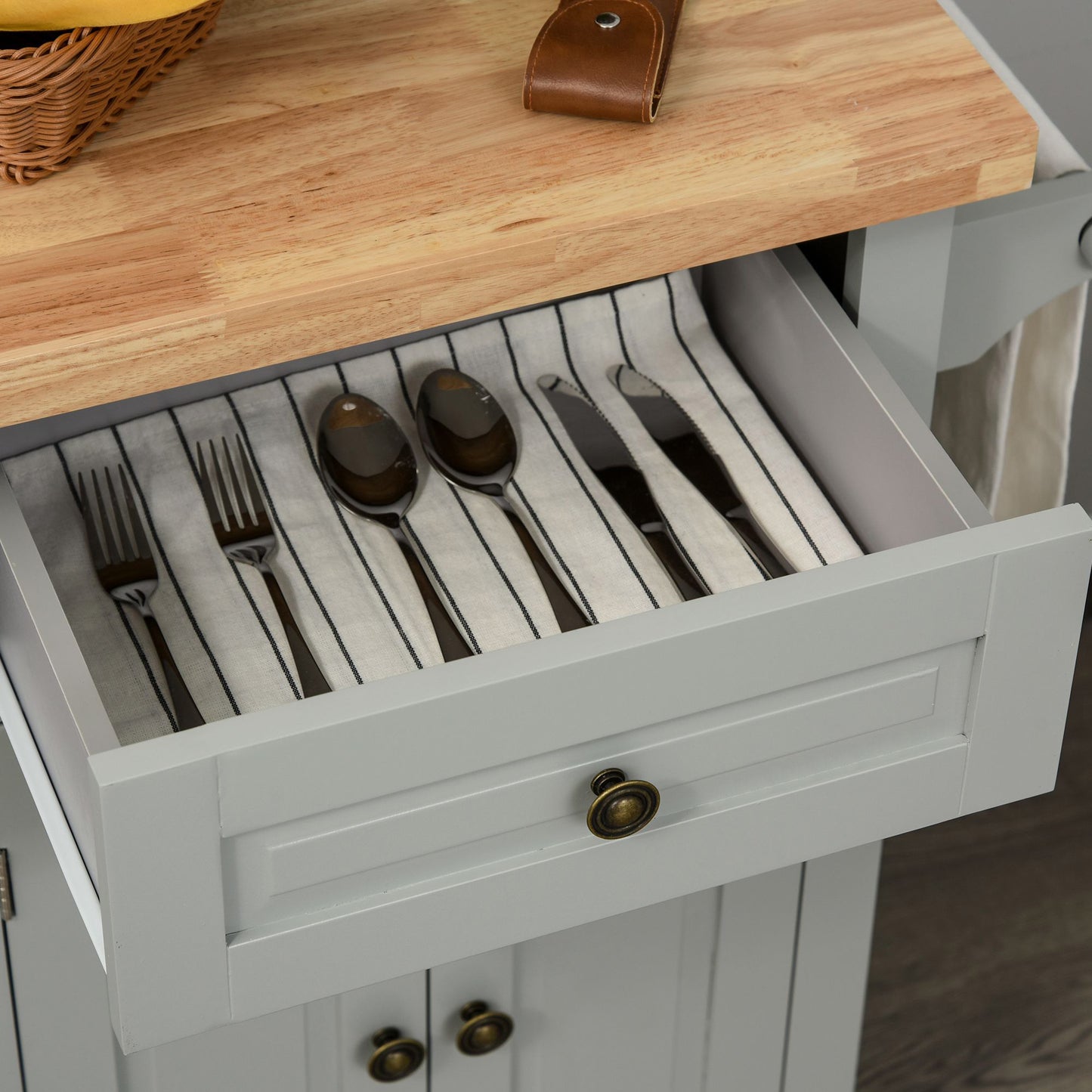 Rolling Kitchen Island Cart with Rubber Wood Top, Spices Grey