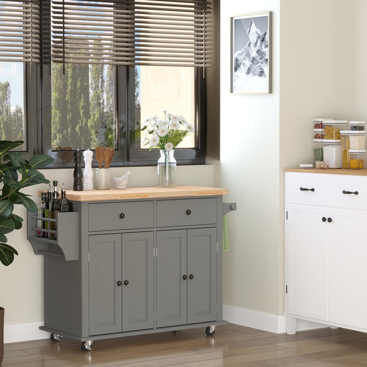 Rolling Kitchen Island Cart with Rubber Wood Top, Spices Grey