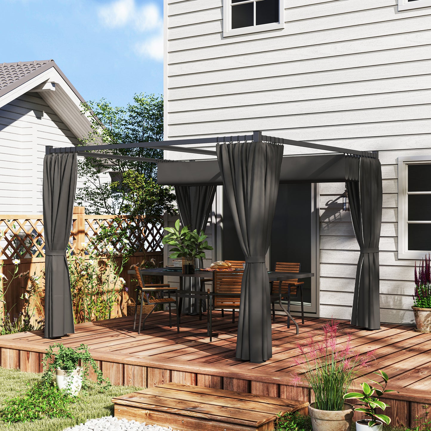3 x 3(m) Pergola with Retractable Roof and Curtains, Charcoal Grey