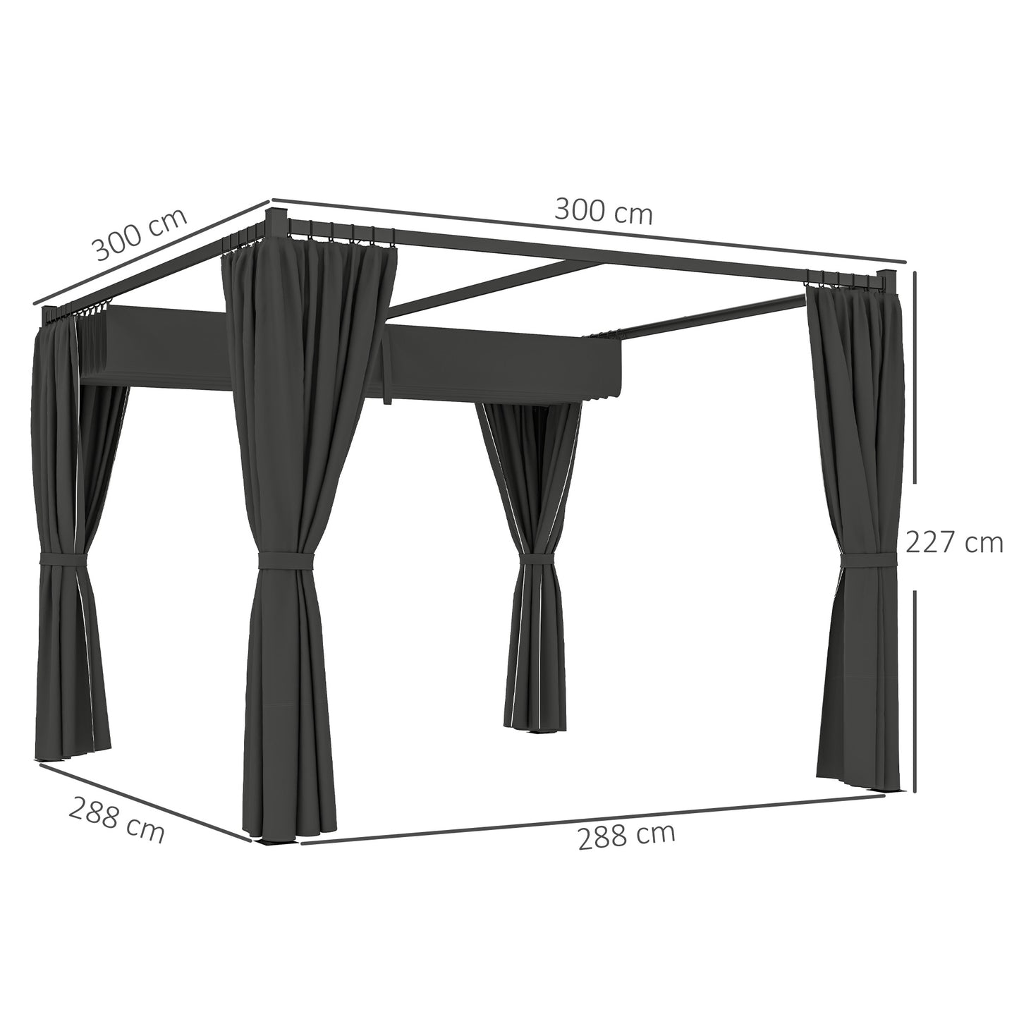3 x 3(m) Pergola with Retractable Roof and Curtains, Charcoal Grey